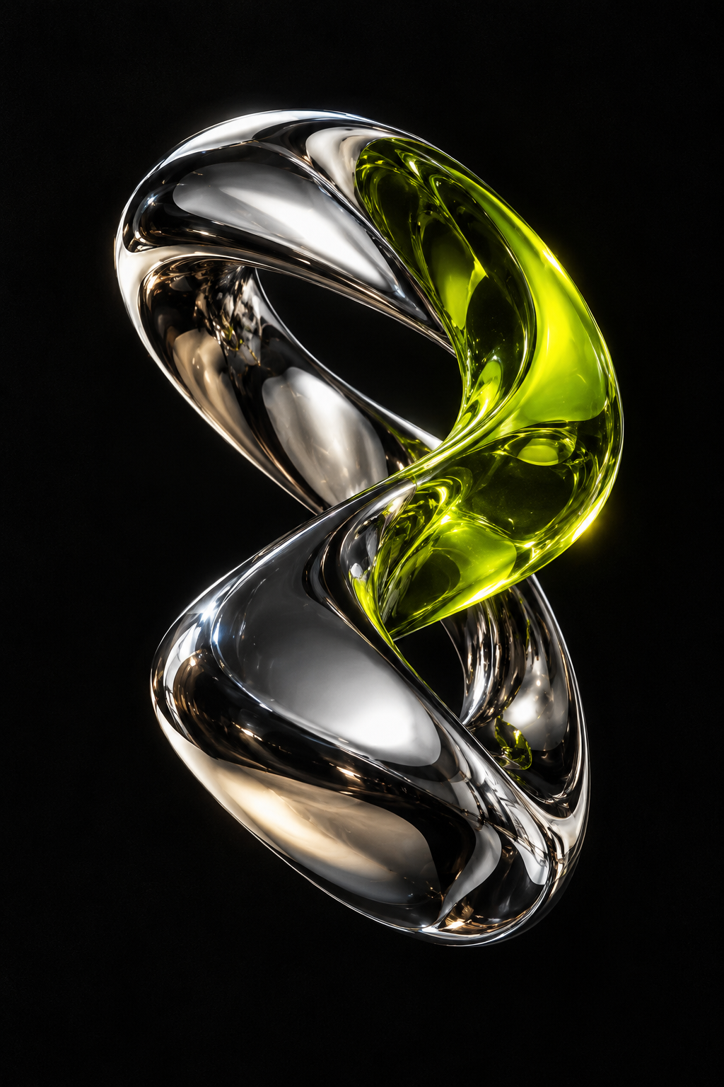 Escultura abstracta de metal cromado y cristal verde, símbolo de ideas en movimiento